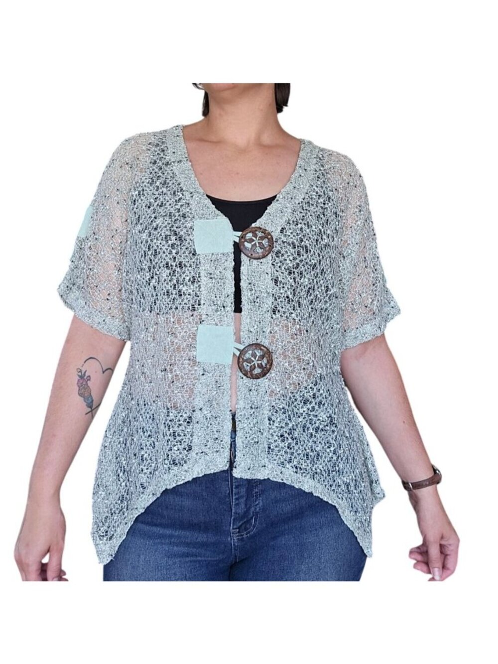Kaktus Mint Blue Sheer Mesh Swim Cover Up Top Womens Size XL Beachy Boho Coastal